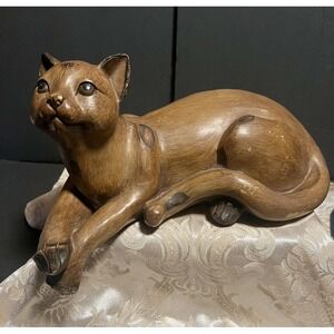 Vintage MCM Rustic Faux Wood Wooden Siamese Handcarved Cat 11" Statue Rare